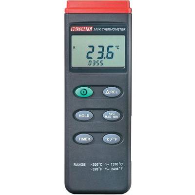 En digital termometer visar '23,6 °C'. Den har knappar för Hold, Timer och °C/°F-val. Apparatens ram har en grå yta.