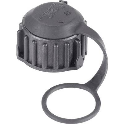 En svart, räfflad plastlock med en integrerad ring. Den fungerar som ett skyddande hölje, möjligen för elektroniska kontakter.