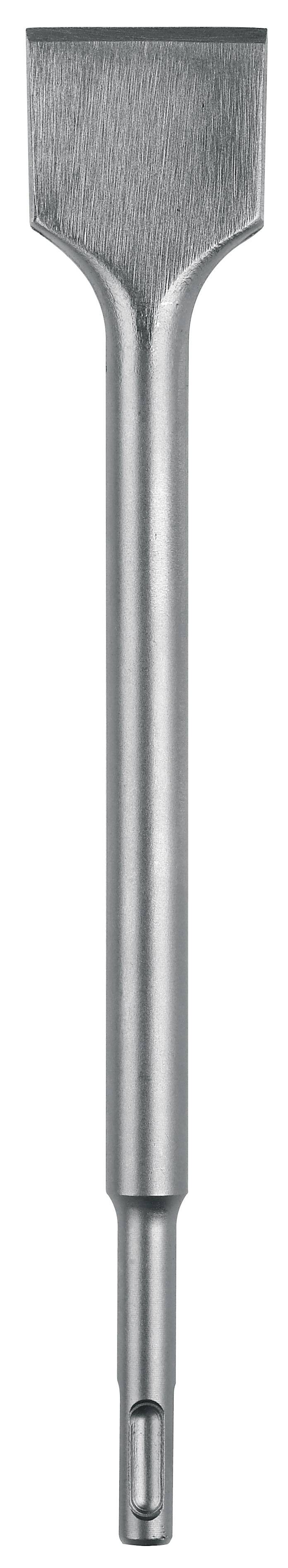Silverfärgad flatmejsel med rund skaft och plan skäregg, lämplig för hårda material.
