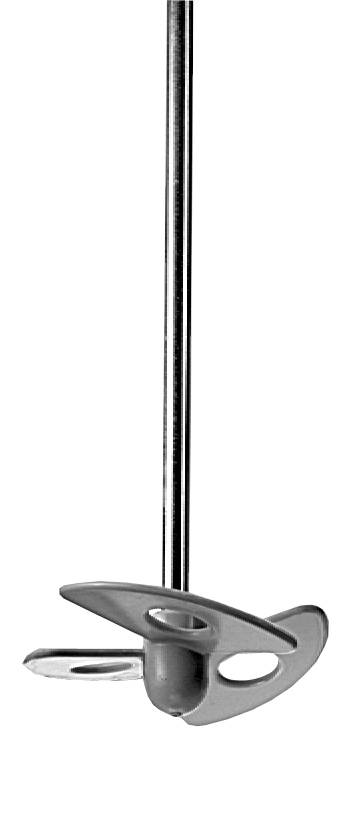 En grå visp med en lång metallstång, där det nedtill finns två spiralformade vingar för att blanda material.