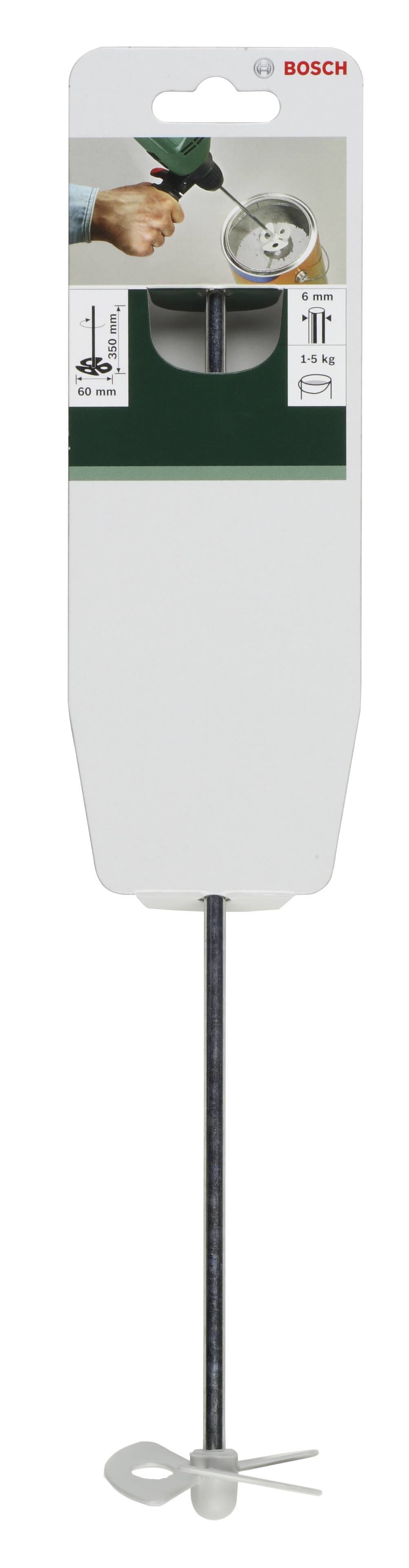 Ett blandningsverktyg från Bosch för att blanda färg eller murbruk, avbildat i en förpackning, med bruksanvisning.