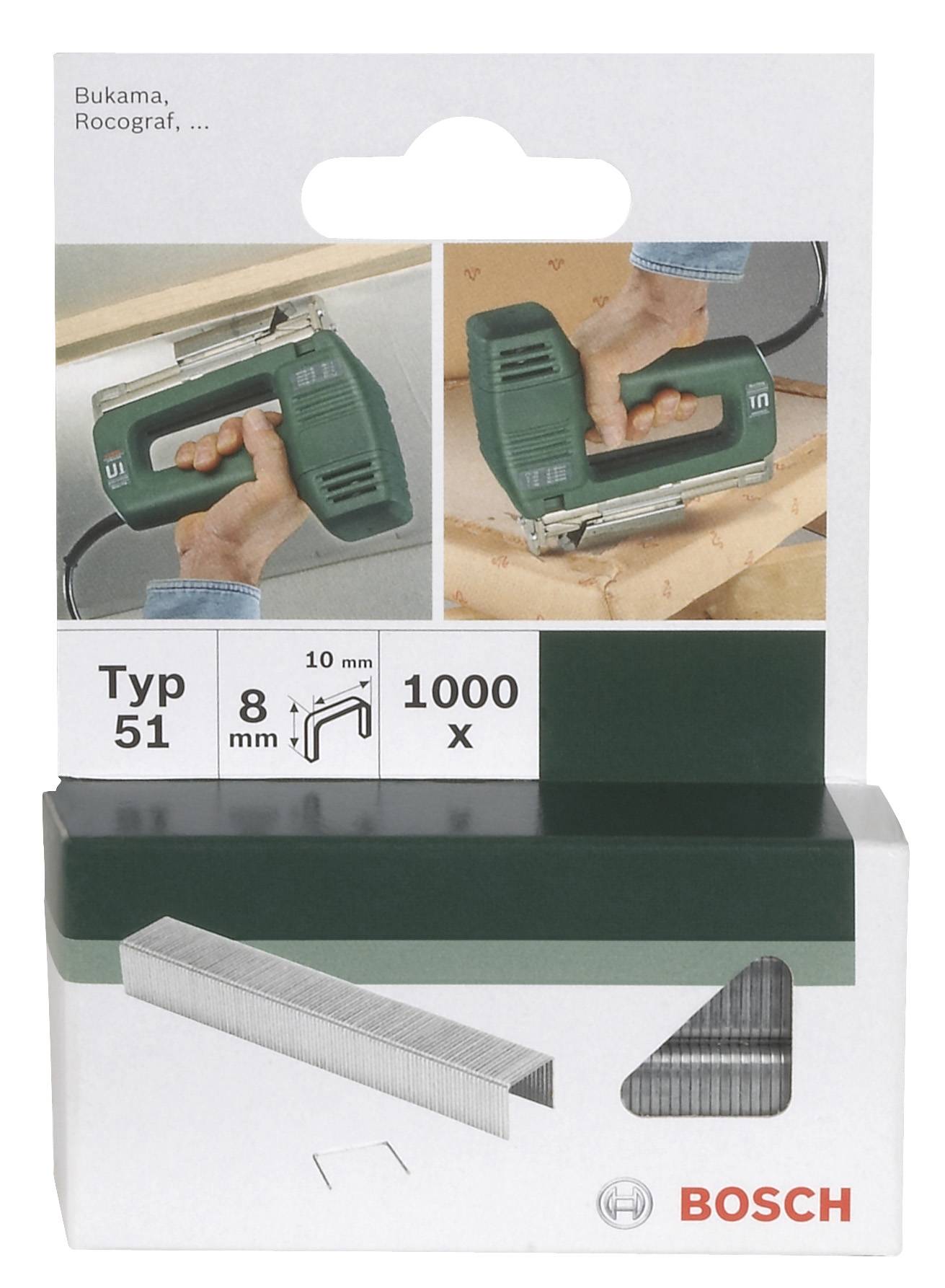 Förpackning för Bosch-häftklammer typ 51, storlek 8 mm, 1000 stycken. Övre bilden visar hand med häftpistol, nedre bilden visar häftklammerna.