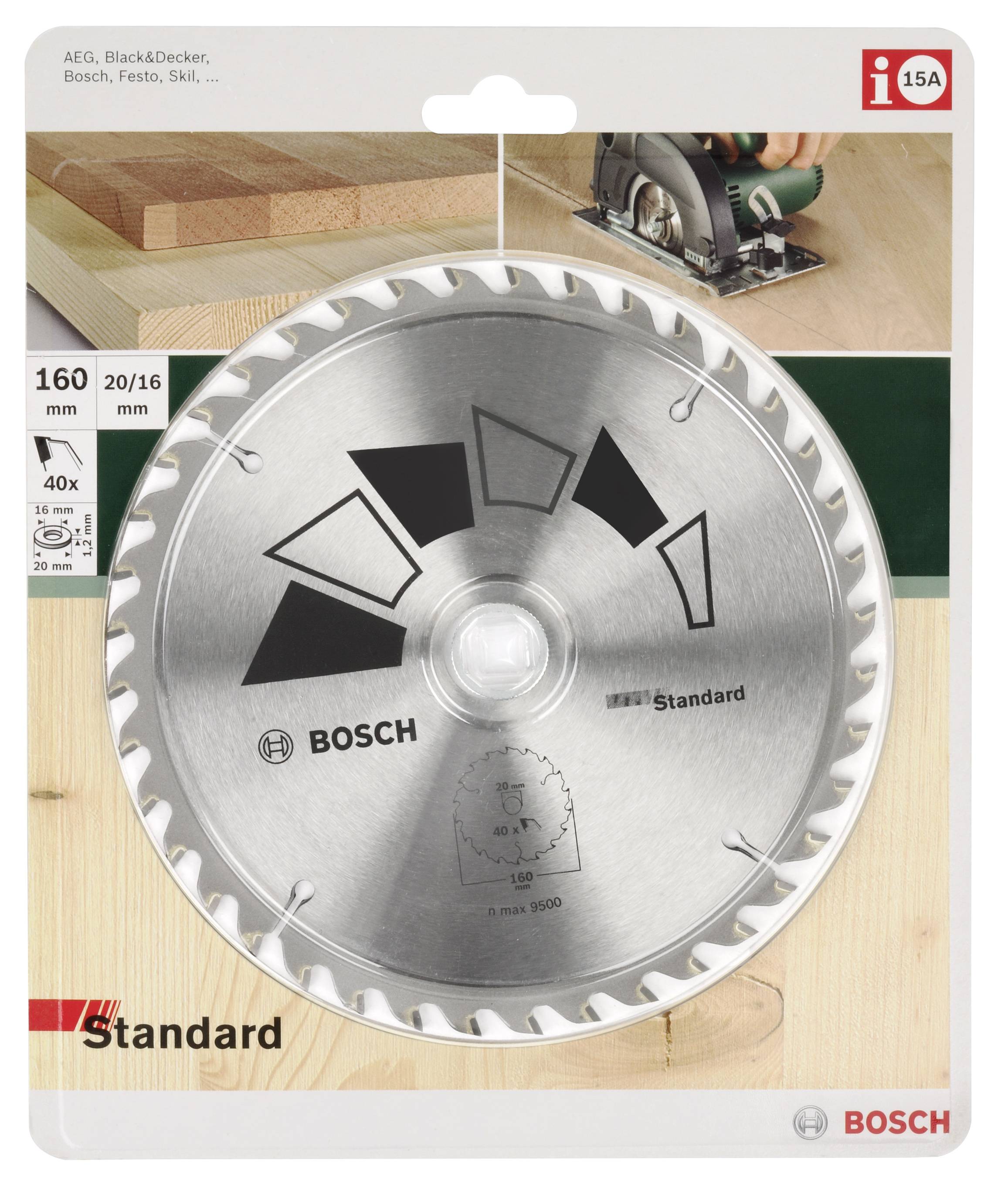 Bosch sågblad i originalförpackning, lämpligt för trä. Förpackningen visar användningsexempel och tekniska detaljer för produkten.