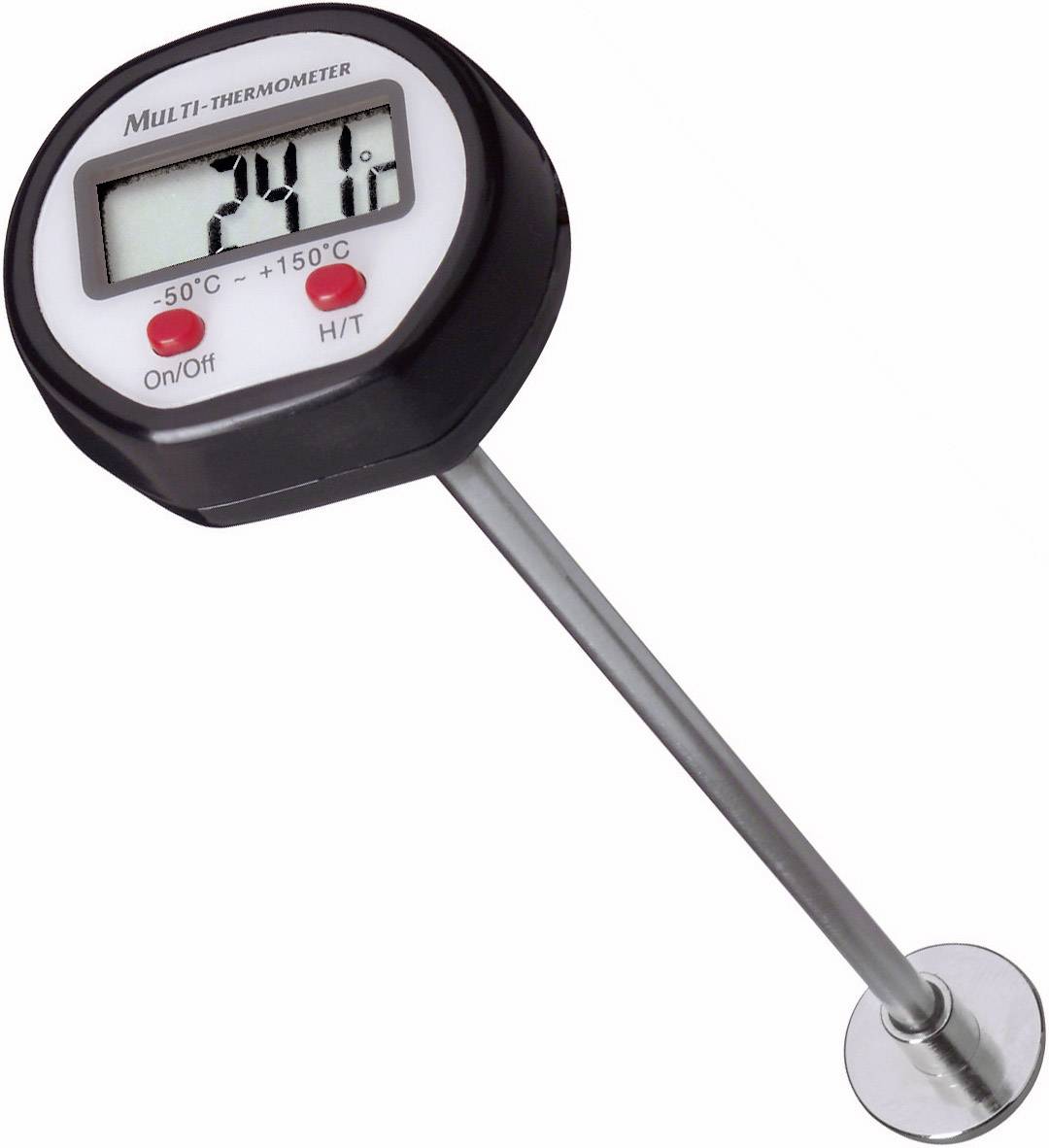Digitalt termometer med lång metallstav visar 20,1°C. Lämplig för temperaturer från -50°C till 150°C.