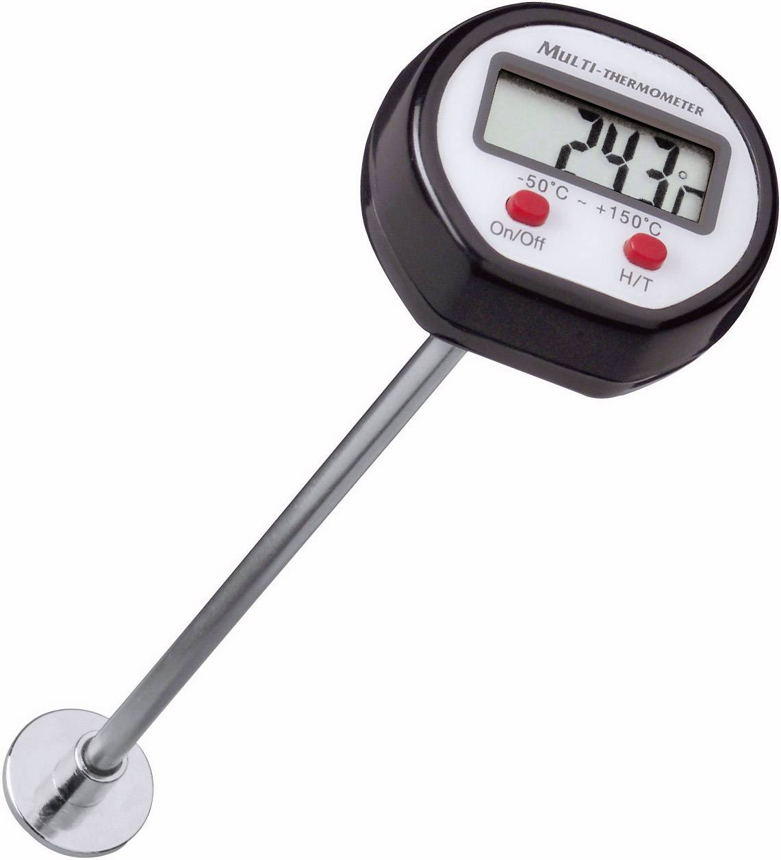 Digital termometer med metallstav visar 20,7°C. Temperaturintervall från -50°C till +150°C, med På/Av- och H/T-knapp.