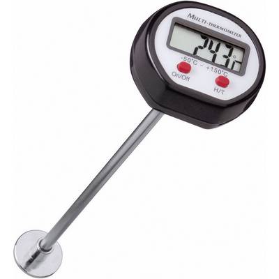 Digital termometer med metallstav visar 20,7°C. Temperaturintervall från -50°C till +150°C, med På/Av- och H/T-knapp.