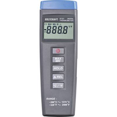 Digitalatermometer med display visar '888.8'. Knappar för Max/Min, Hold, Rel och °C/°F. Mätområde från -200°C till 1370°C.