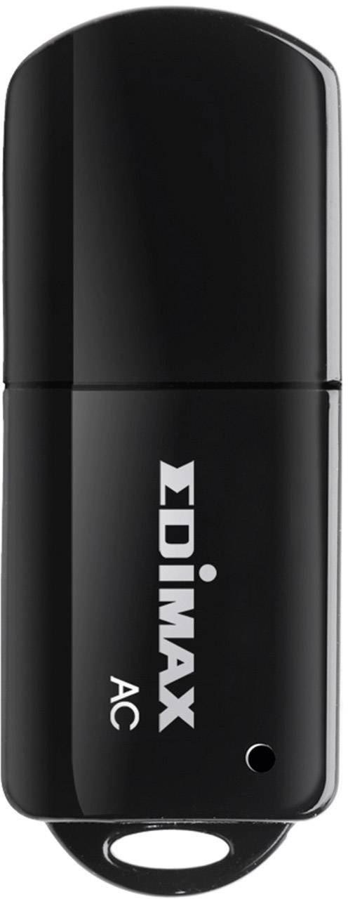 Svart WLAN-USB-adapter med texten 'EDIMAX AC', använd för trådlös anslutning av enheter till internet.