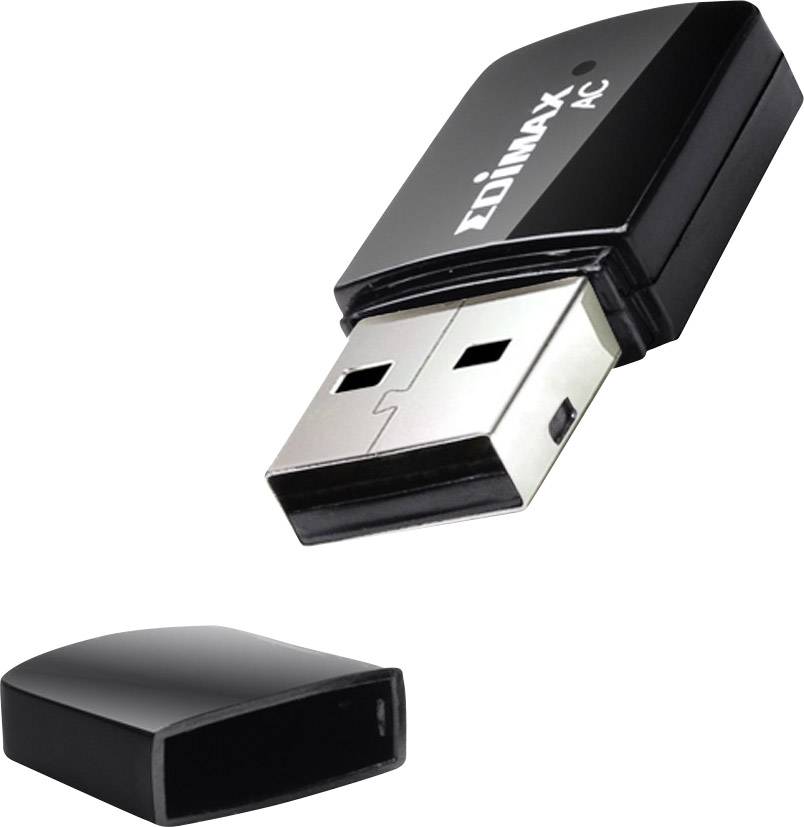 En svart USB-adapter från märket Edimax med borttaget lock, som används för trådlös nätverksanslutning för en dator.