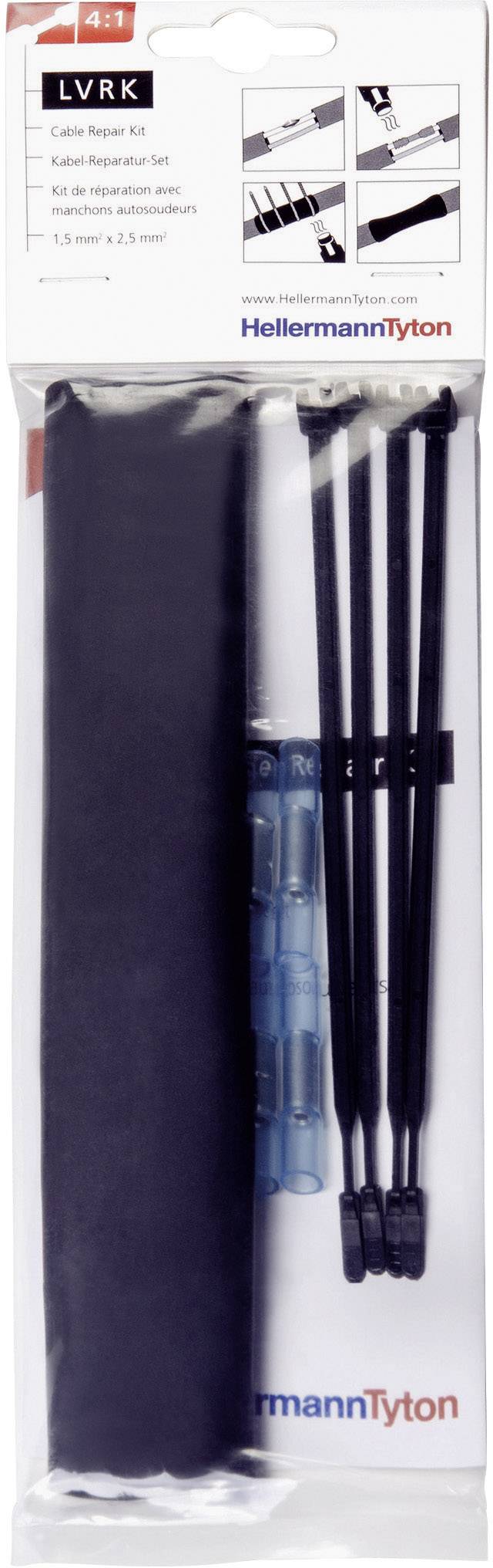 Ett kabelreparationsset i en genomskinlig förpackning med krympslang, kabelbindare och kontakter.