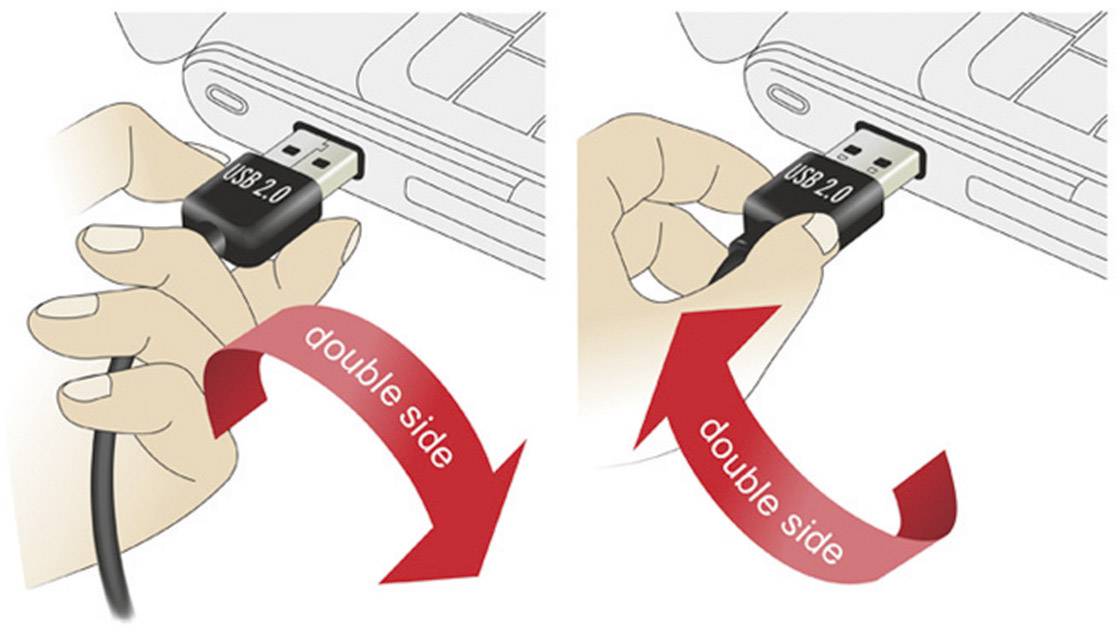 Illustration av en USB 2.0-kabel som pluggas in i en laptopport. Pilar visar att kabeln kan anslutas åt båda hållen.