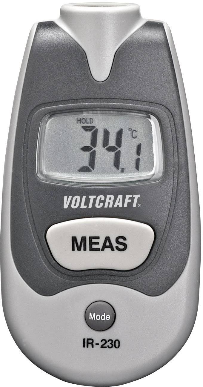 Digitalt infraröd-termometer visar 34,1 °C. Enhet med grått hölje och knappar för 'MEAS' och 'Mode'. Varumärke 'Voltcraft'.
