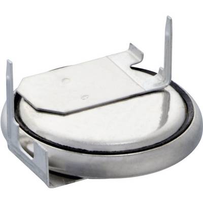 Ett silverfärgat knappcellsbatteri med två metallkontakter på ovansidan. Det används ofta i små elektroniska enheter.