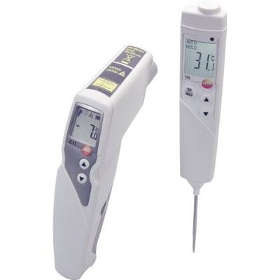Två digitala termometrar: till vänster ett infraröd termometer som visar 7°C, till höger ett instickstermometer som visar 31,1°C.