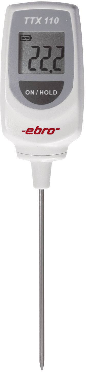 Digitalt termometer med grått display visar '22.2'. Märke 'ebro', modell 'TTX 110', med på-/avknapp.