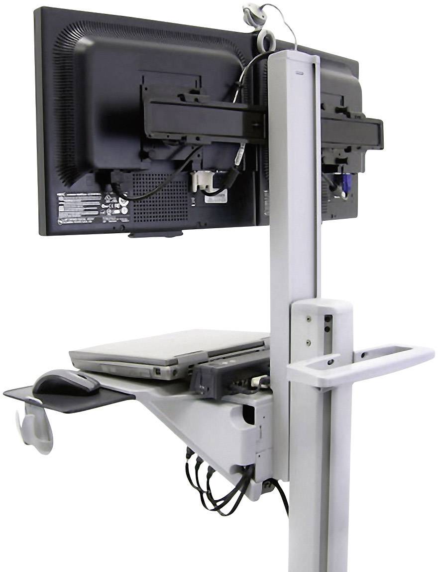 En mobil datorarbetsplats med två skärmar, en bärbar dator och ett tangentbordsstativ; perfekt för flexibla arbetsmiljöer.