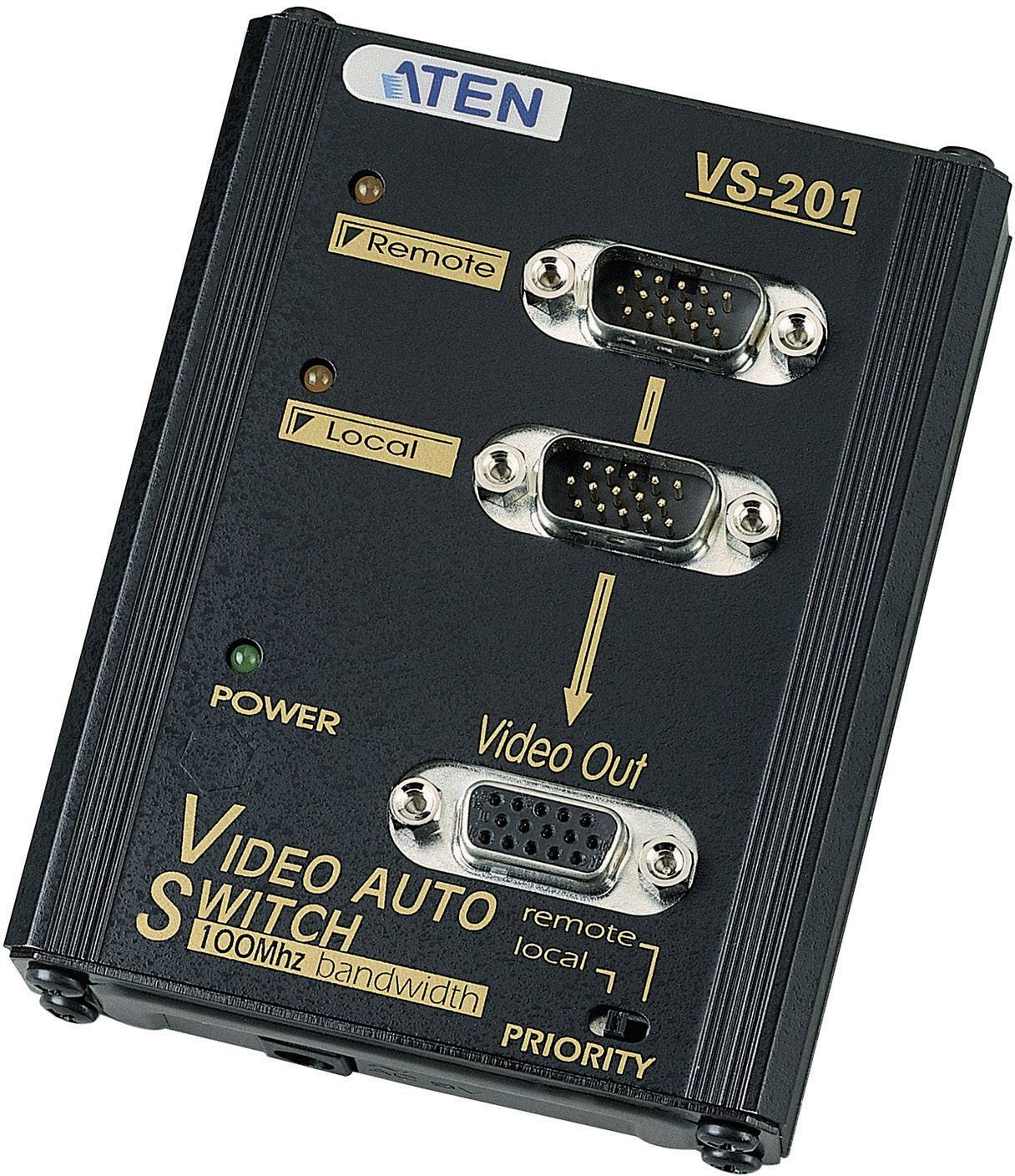 ATEN VS-201 Video-autoswitch med 100 MHz bandbredd, visar anslutningar: 'Fjärr', 'Lokal' och 'Video ut', med prioritetsomkopplare.