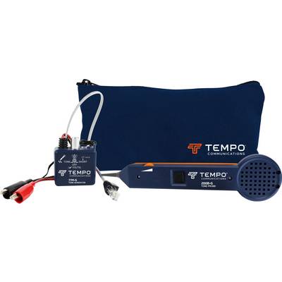 En tonegenerator och ett testinstrument från Tempo Communications med kablar och en blå förvaringsväska. Används för kabelspårning.