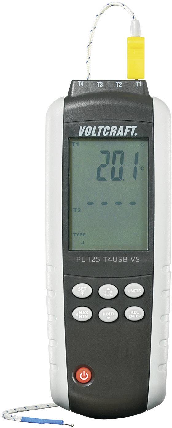 En digital termometer med display visar '20.1'. Modellnummer PL-125-T4USB VS från Voltcraft. Ovanpå finns en kabel med sensor.