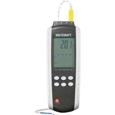 En digital termometer med display visar '20.1'. Modellnummer PL-125-T4USB VS från Voltcraft. Ovanpå finns en kabel med sensor.