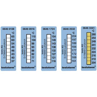 Fem blå testremsor med olika temperaturintervall och siffror från 37 till 260 °C, var och en märkt med markeringar för aktuell temperaturmätning.