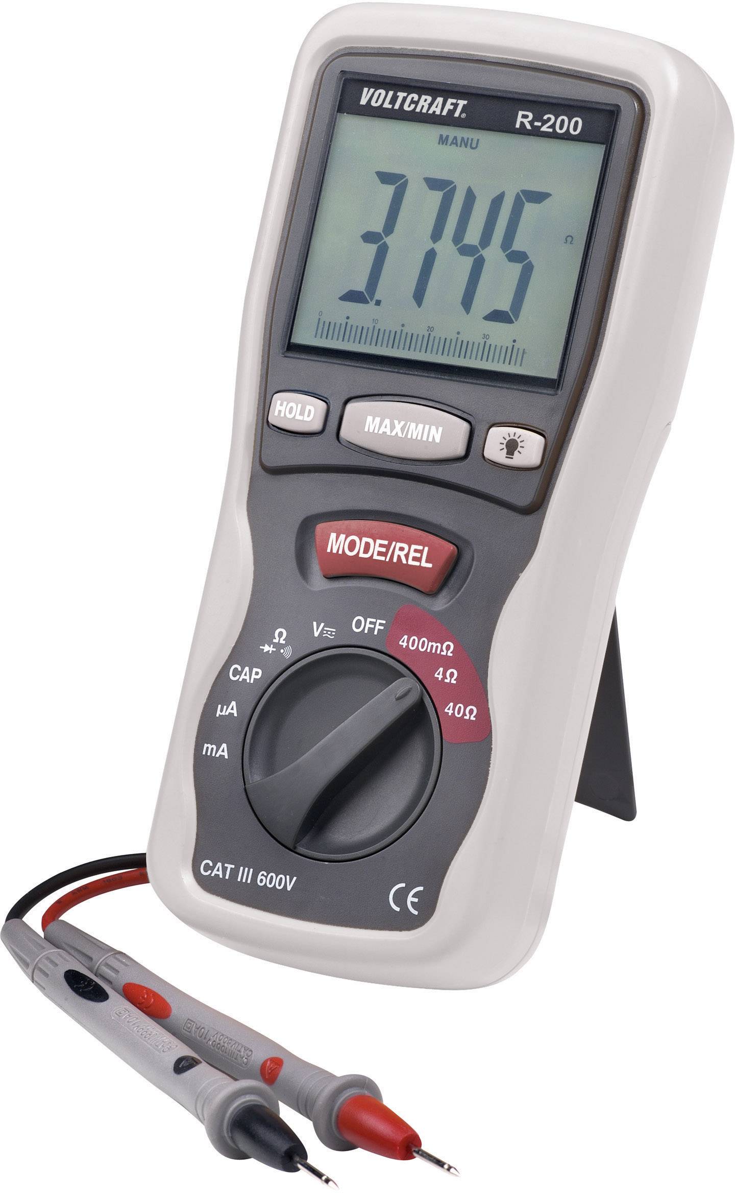 Digitalt multimeter visar '3.745' på displayen, med röda och svarta mätsladdar. Instrument lämpligt för elektriska mätningar.