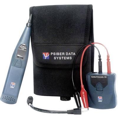 En kabelspårningsutrustning bestående av en mottagare, sändare och en svart bärväska, märkt med 'Psiber Data Systems'.