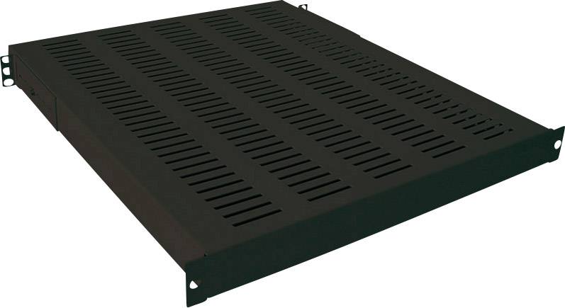 Metallställning med ventilationsspår, lämplig för montering av olika enheter eller komponenter i ett rack.