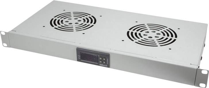 Metalliskt fläktmodul för rack med två fläktar och en central kontrollenhet för värmeavledning i serverracks.
