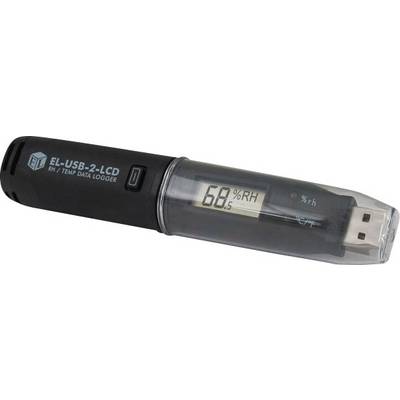 En svart USB-datalogger med display visar '68% RH', lämplig för temperatur- och luftfuktighetsmätning.