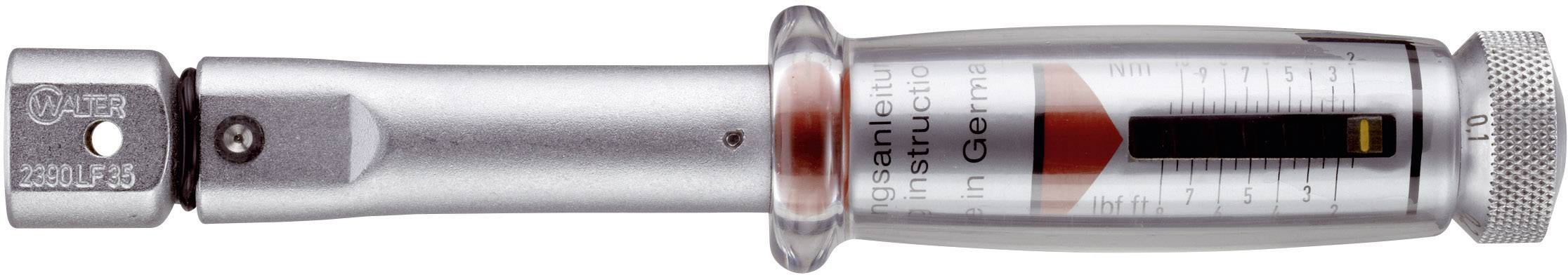 En momentnyckel med skala för inställning av vridmoment i newtonmeter. Tillverkad av metall, med ett rött markeringsfönster.