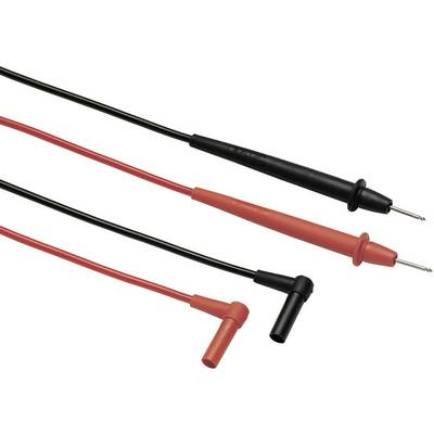 Två mätledningar, en svart och en röd, med metalliska spetsar och plastisk isolering, använda för elektriska mätningar.