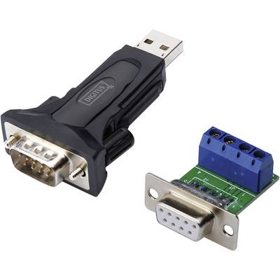Adapter med USB till RS232 och RS422/485-anslutning. Till vänster: svart USB-till-RS232-kontakt, till höger: grön RS485-terminal.