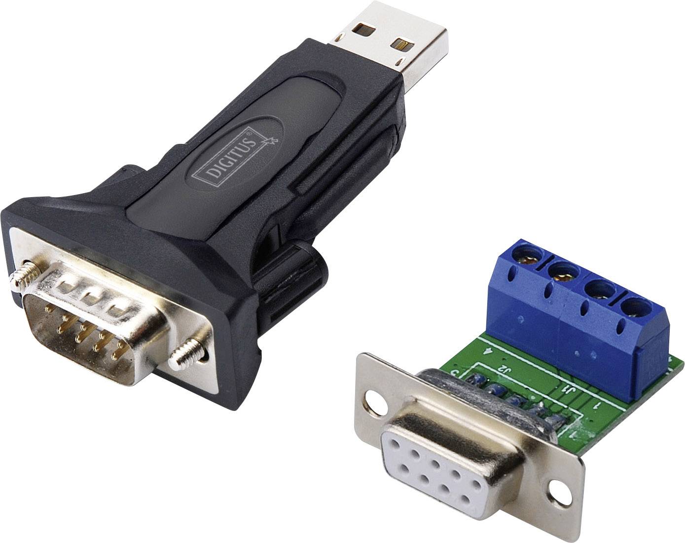 USB till RS232-adapter: till vänster en USB-adapter med RS232-anslutning, till höger en grön anslutningsmodul med blå kopplingslista.