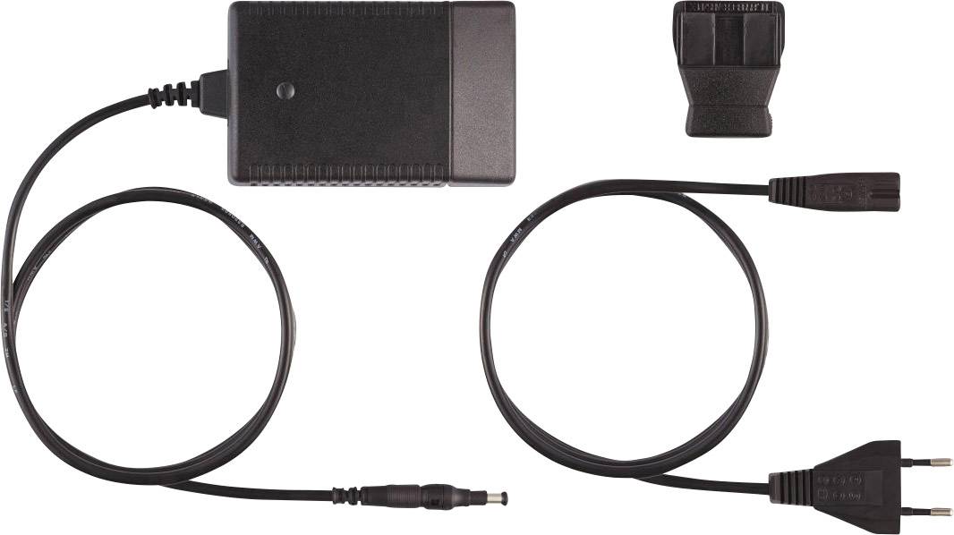 Bilden visar ett nätaggregat med en adapter, kabel och kontakt som kan användas för elektroniska enheter.