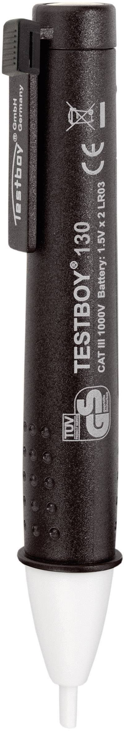 En batteridiven spänningstestare med brunt hölje, modell 'Testboy 130', visar CE-märkning och teknologisk information.