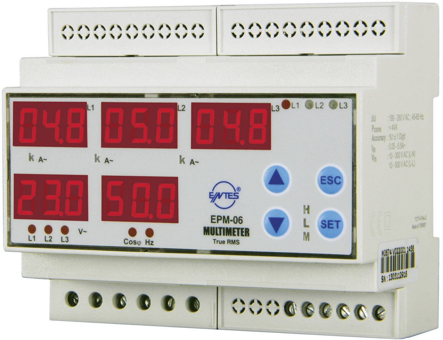 Digitalt multimeter med röda LED-displayer för spänning och ström. Visar värden: 48, 50, 48 (ström) och 230, 50 (spänning). Knappar för menyinställningar.