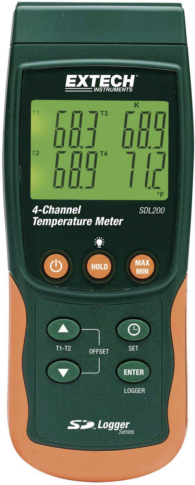 Fyrkanals temperaturmätare med digitala displayer för temperaturer mellan 68,3 och 71,2. Knappar: 'Hold', 'Max/Min' och navigeringsknappar.