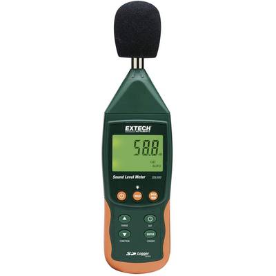 En grön ljudnivåmätare med svart mikrofon visar 58,8 decibel på displayen. Märkning: 'EXTECH'. Väggfäste nedtill.