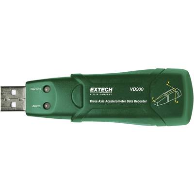 Grön USB-datalogger med påskriften 'EXTECH VB300 Treaxlig AccelerometerDatainsamlare'. Två kontrollampor: 'Inspelning', 'Larm'.