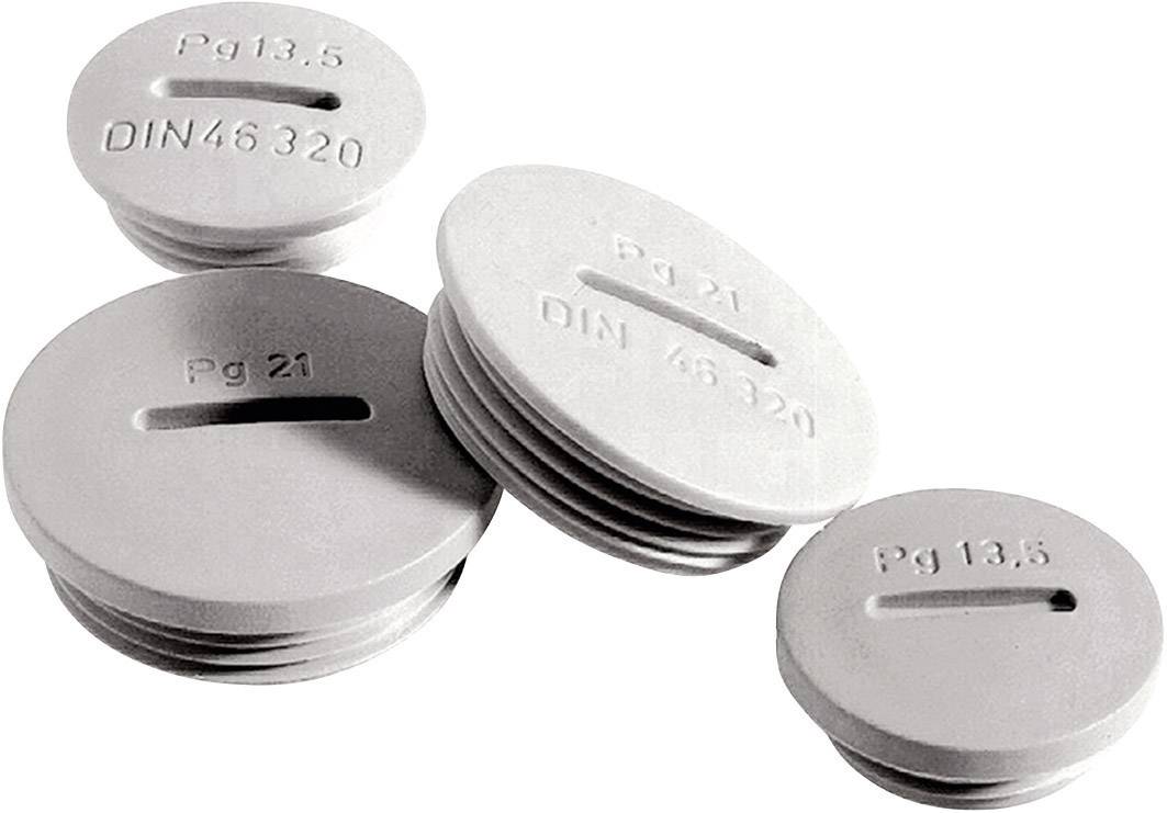 Fyra grå förslutningsskruvar av plast med prägling 'Pg 13.5' och 'Pg 21' samt 'DIN 46320', arrangerade i olika storlekar.