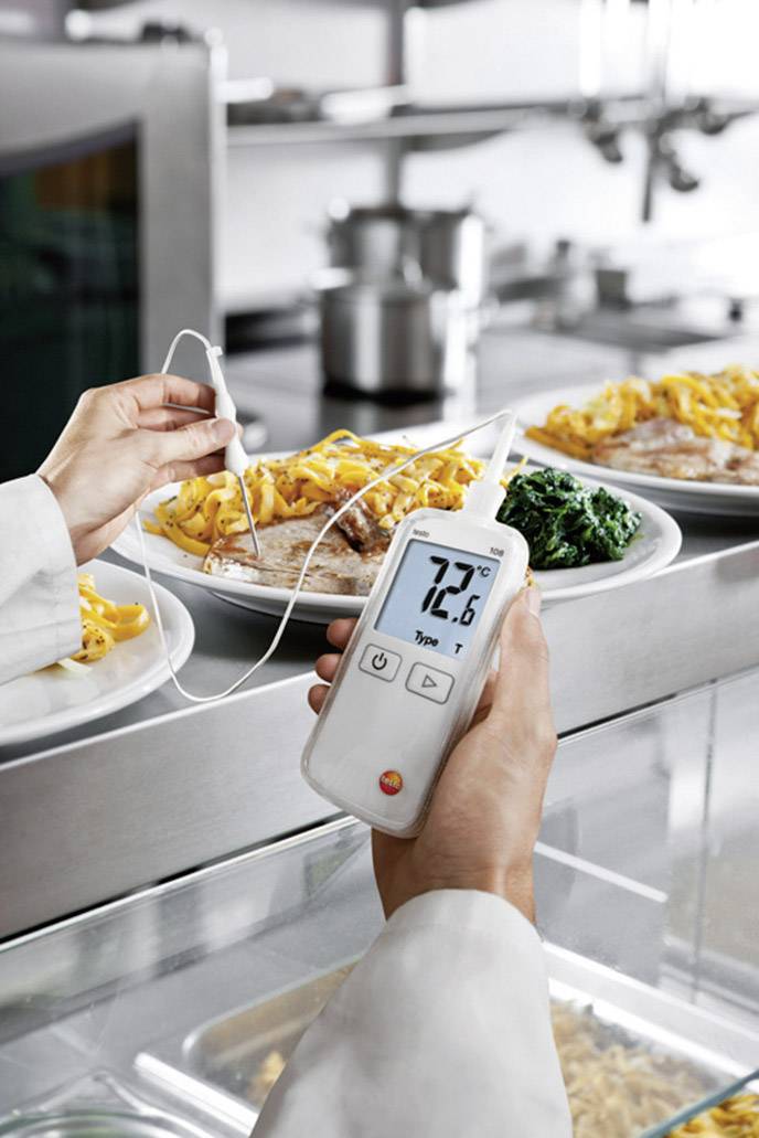 En person mäter temperaturen på en rätt som är upplagd på en tallrik med hjälp av en digital termometer i ett kök.