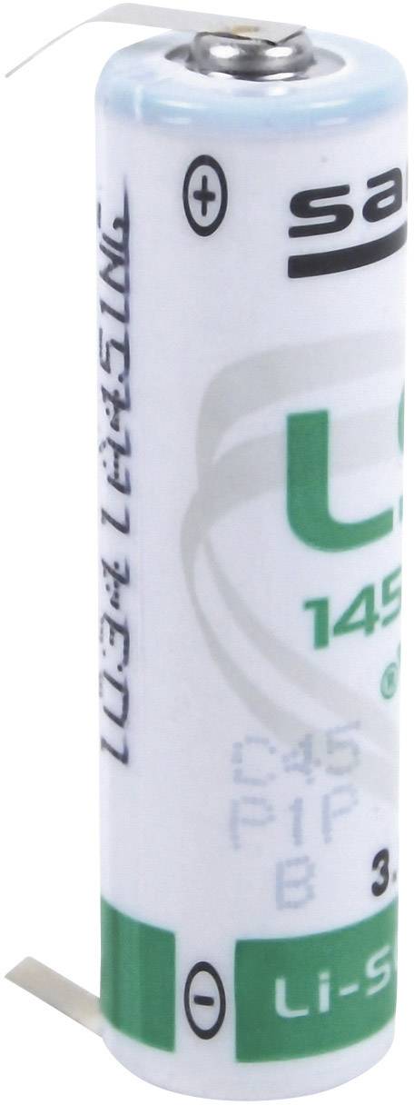 Ett uppladdningsbart Li-Ion-batteri i cylindrisk form med anslutningsflänsar vid polerna. Märkt med '+' till vänster och '-' till höger.