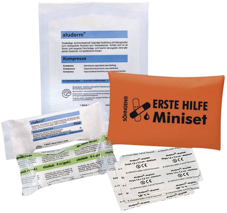 Första hjälpen-set med orange väska, kompresser, Linda och plåster.