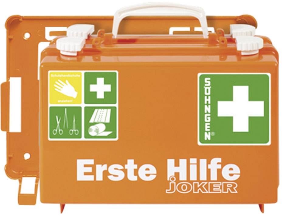 En orangefärgad första hjälpen-låda med texten 'Första hjälpen JOKER' och vita symboler för medicinsk vård.