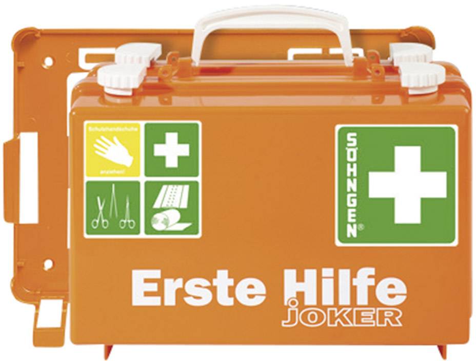Orange första hjälpen-väska med vitt kors och texten 'Första hjälpen JOKER'. Innehåller medicinska symboler för vård och skydd.