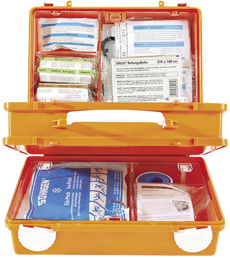En orange första hjälpen-låda, öppnad, visar förband, plåster och medicinska förnödenheter.