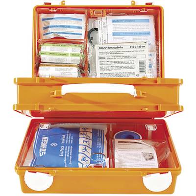 En orange första hjälpen-låda, öppnad, visar förband, plåster och medicinska förnödenheter.