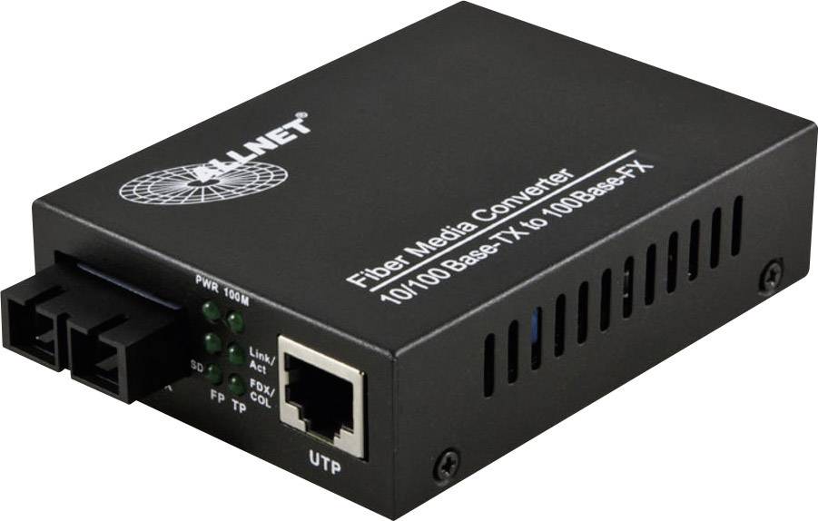 ALLNET fibermediakonverterare, svart, rektangulärt enhetsverktyg med anslutningar för optisk fiber och Ethernet.