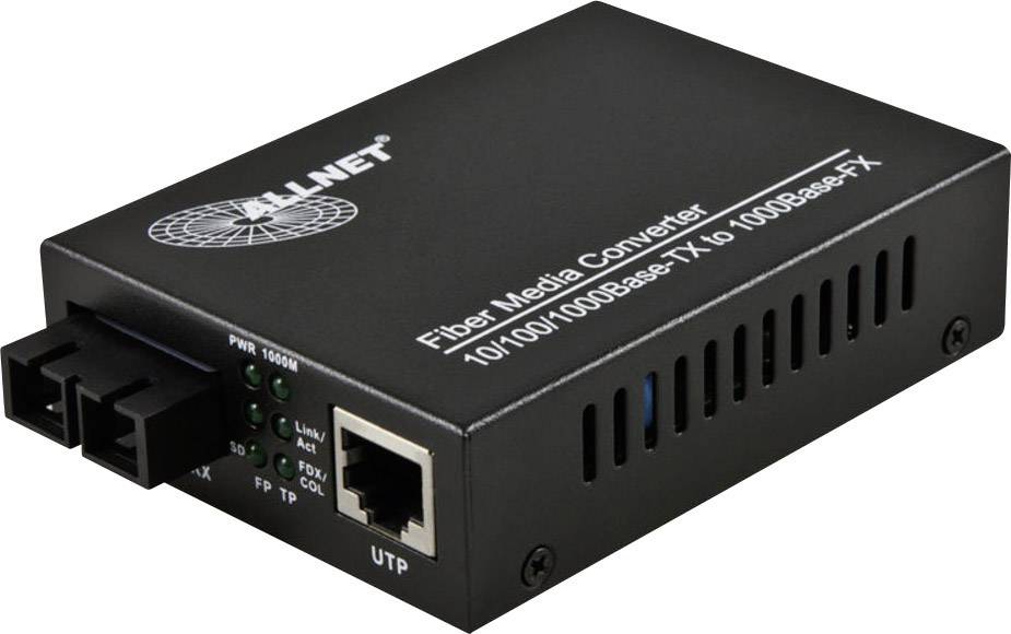 ALLNET Fiber-mediakonverter med anslutningar och statuslysdioder, lämplig för 10/100/1000Base-TX och 1000Base-FX nätverk.